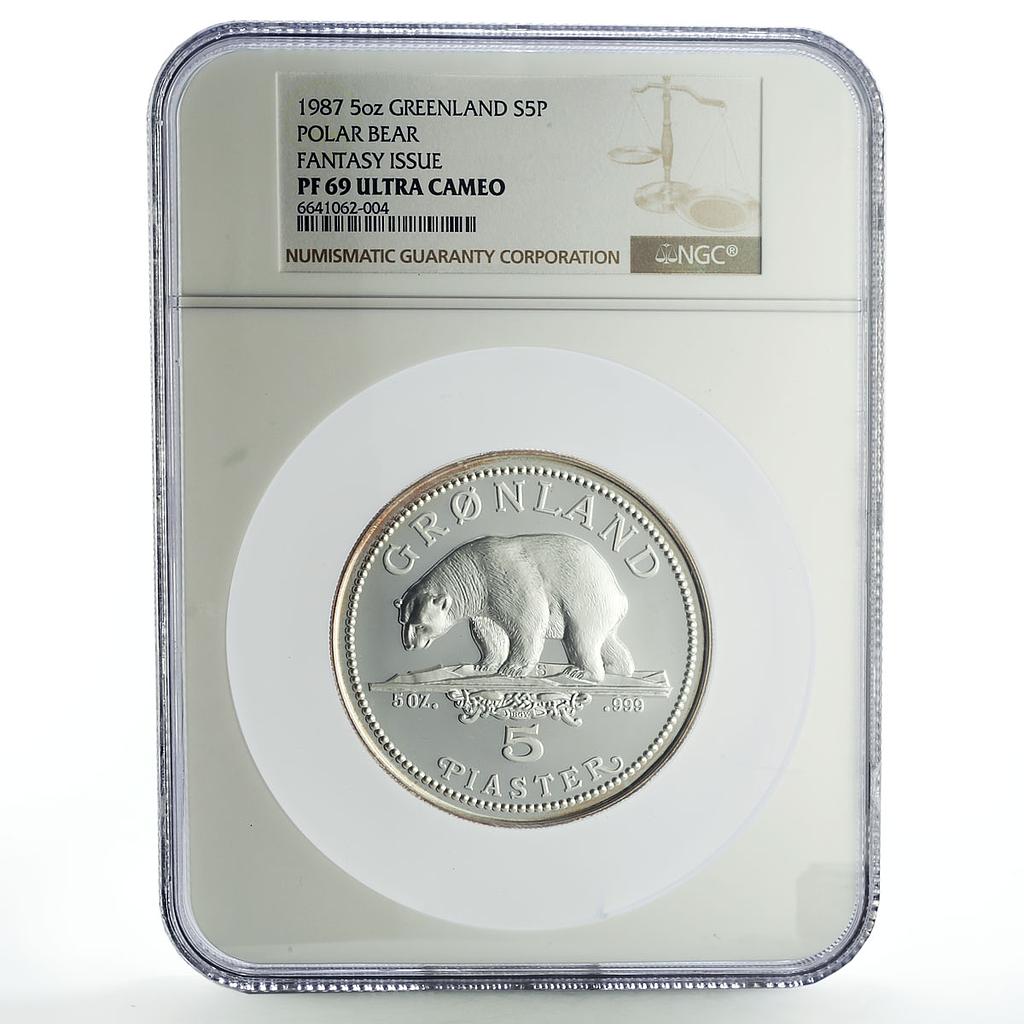 Denmark Greenland 5 piaster Conservation Polar Bear PF69 NGC silver coin 1987