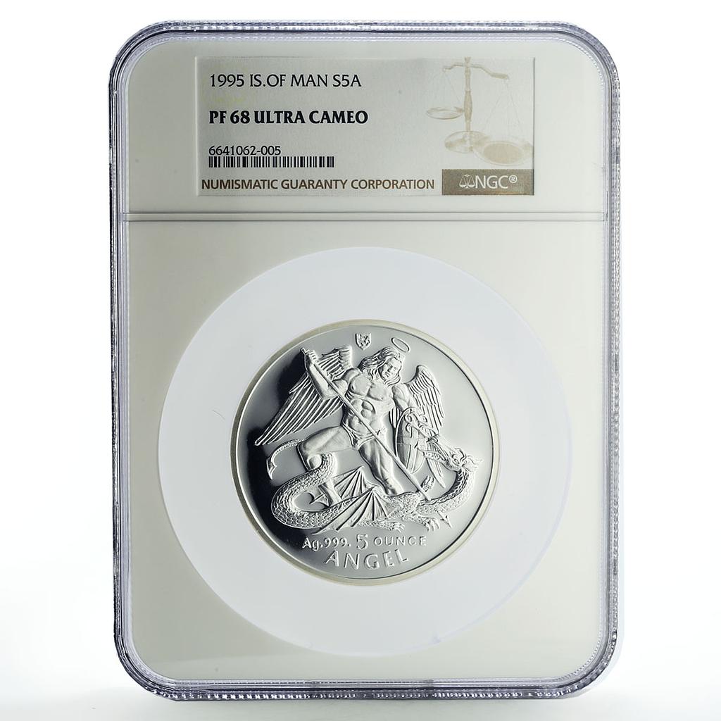 Isle of Man 5 angel Archangel Michael KM-1326 PF68 NGC silver coin 1995