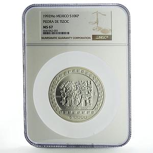 Mexico 10000 pesos Precolombina Piedra de Tizoc MS67 NGC silver coin 1992