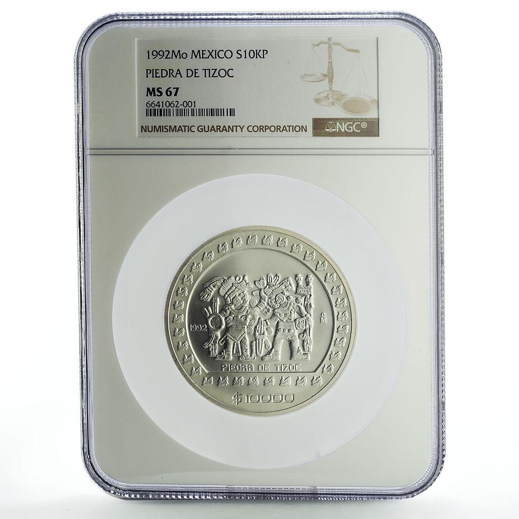 Mexico 10000 pesos Precolombina Piedra de Tizoc MS67 NGC silver coin 1992