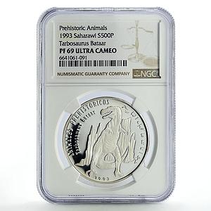 Saharawi 500 pesetas Prehistoric Tarbosaurus Dinosaur PF69 NGC silver coin 1993