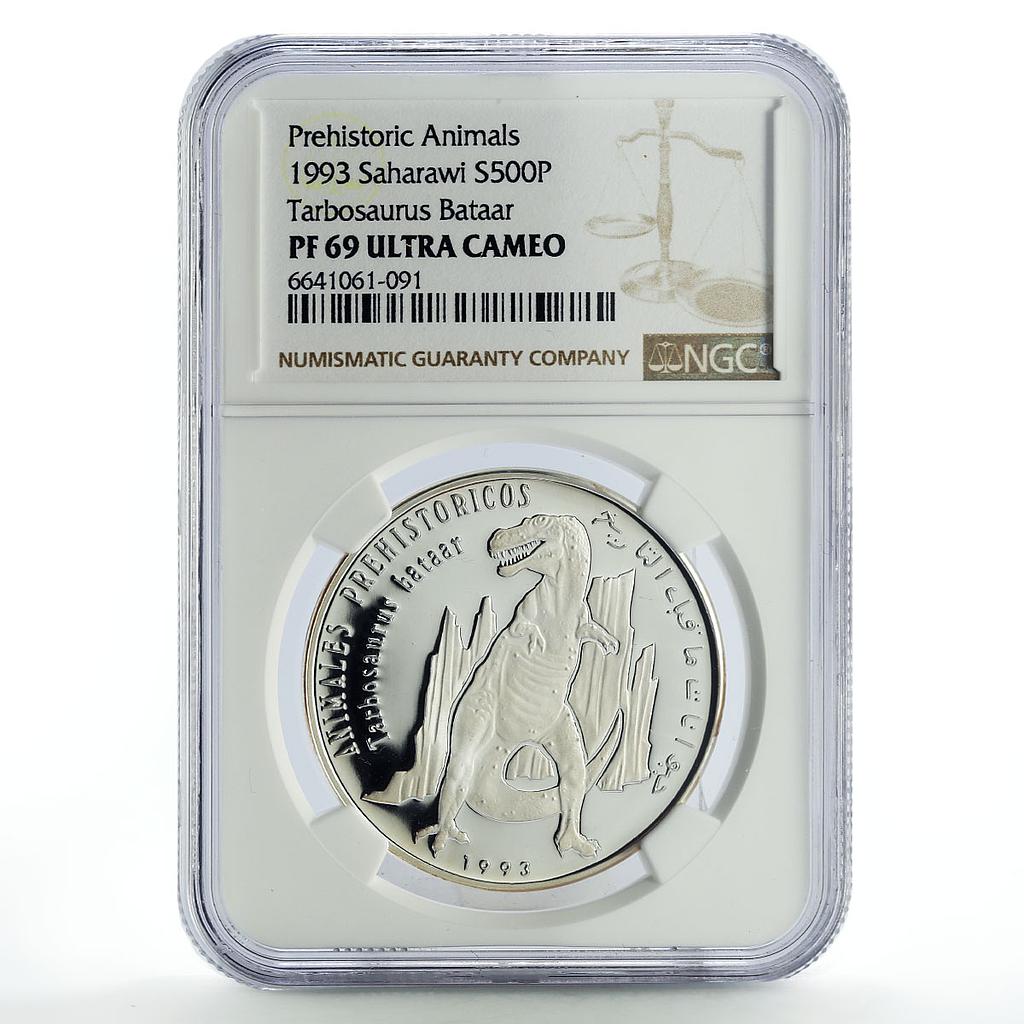 Saharawi 500 pesetas Prehistoric Tarbosaurus Dinosaur PF69 NGC silver coin 1993