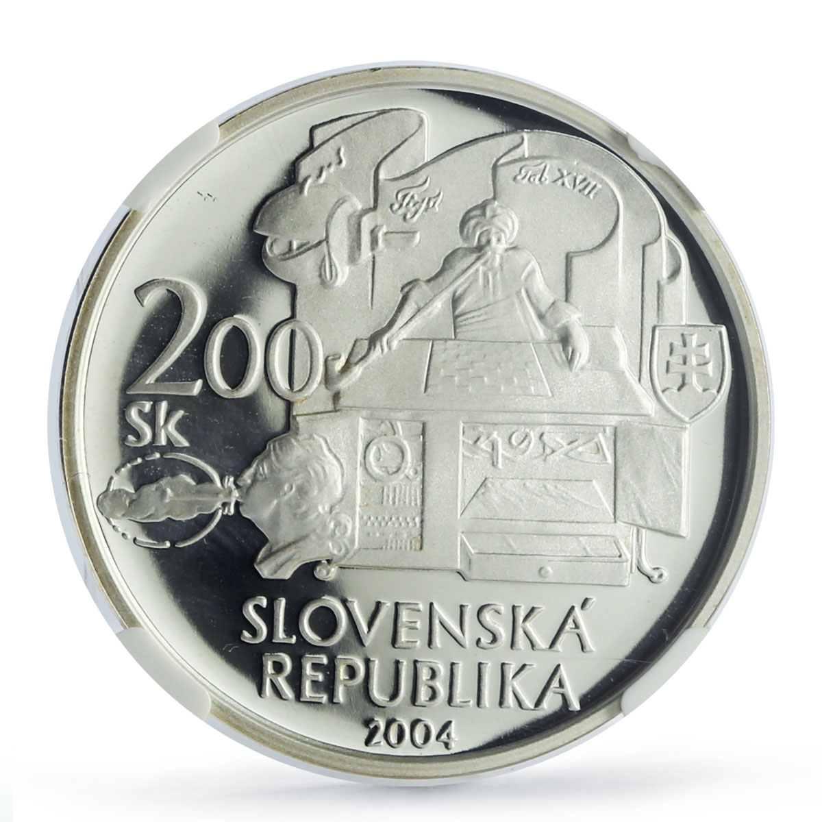 Slovakia 200 korun Wolfgang Kempelen Chess Machine PF69 NGC silver coin 2004