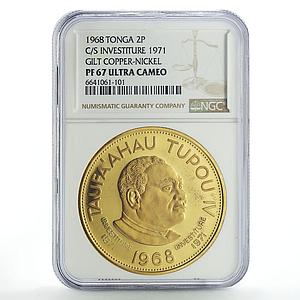 Tonga 2 paanga Investiture King Tupou IV Politics PF67 NGC gilded CuNi coin 1968