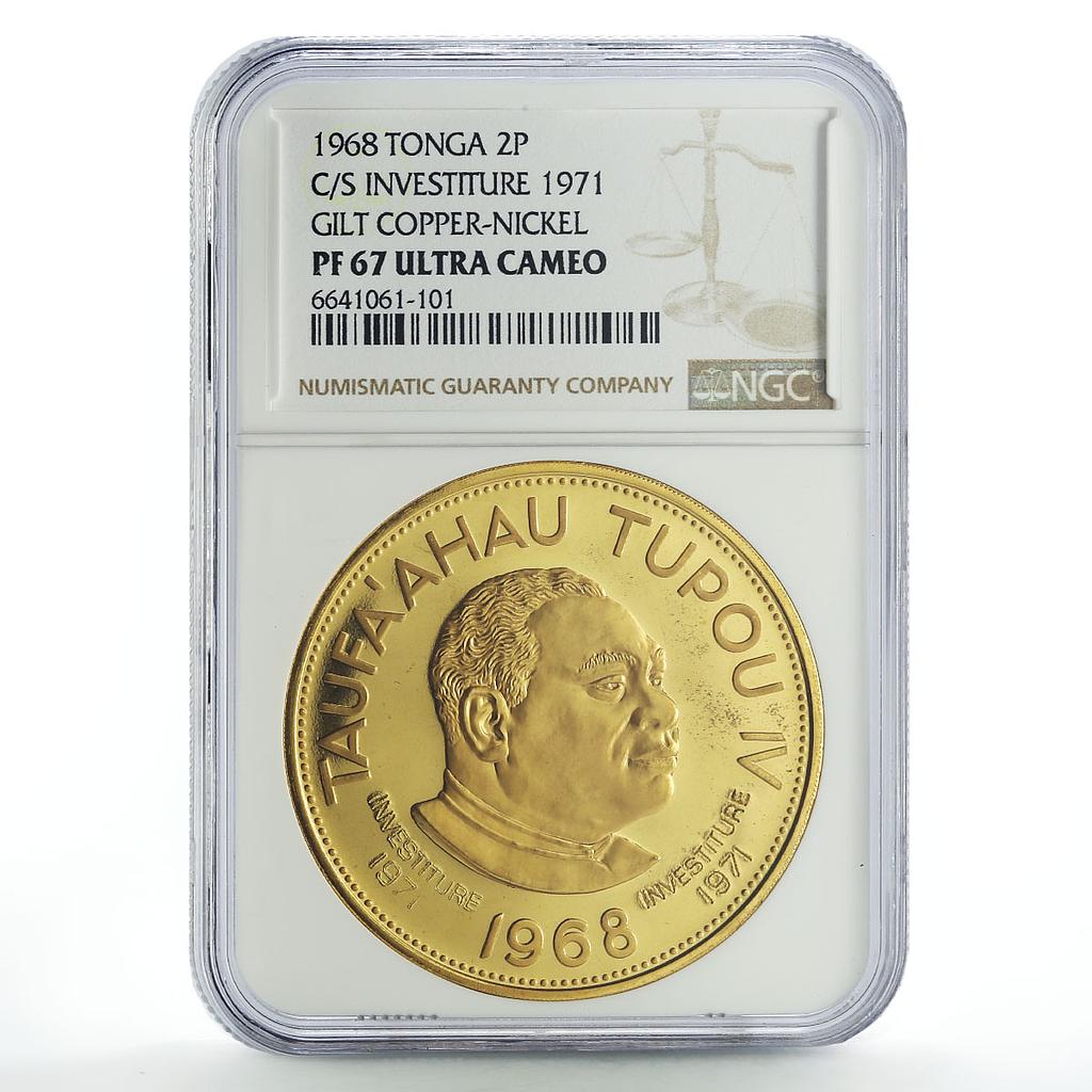 Tonga 2 paanga Investiture King Tupou IV Politics PF67 NGC gilded CuNi coin 1968