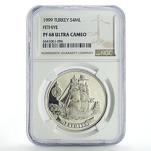 Turkey 4000000 lira Seafaring Fethiye Ship Clipper PF68 NGC silver coin 1999