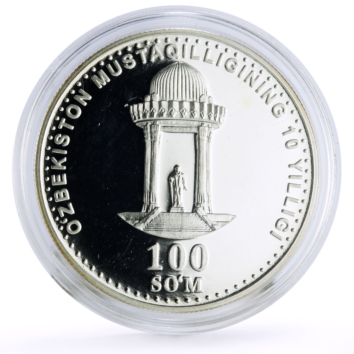 Uzbekistan 100 som Independence Alisher Navoi Monument KM-28 silver coin 2001