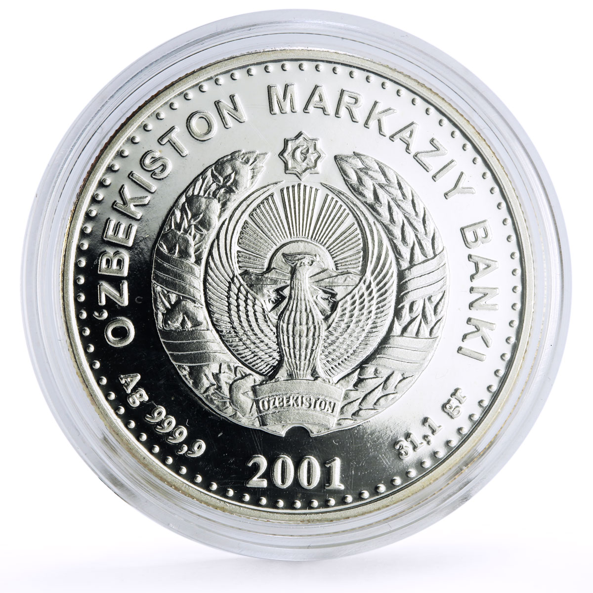 Uzbekistan 100 som Independence Alisher Navoi Monument KM-28 silver coin 2001