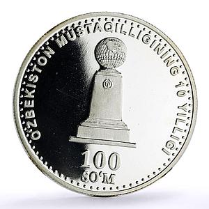 Uzbekistan 100 som 10th Independence World Monument KM-22 proof silver coin 2001