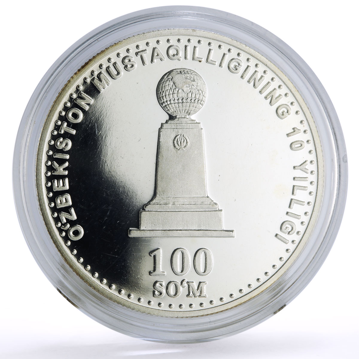 Uzbekistan 100 som 10th Independence World Monument KM-22 proof silver coin 2001