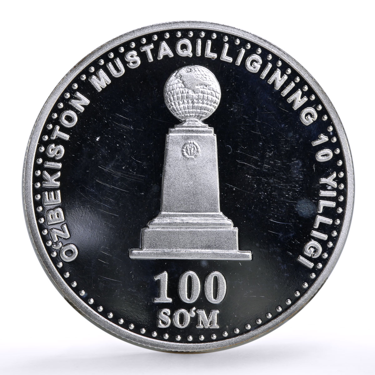 Uzbekistan 100 som 10th Independence World Monument KM-22 proof silver coin 2001