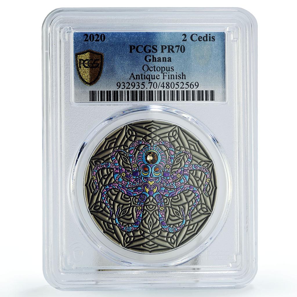 Ghana 2 cedis Mandala Art Animals Octopus Marine Life PR70 PCGS silver coin 2020