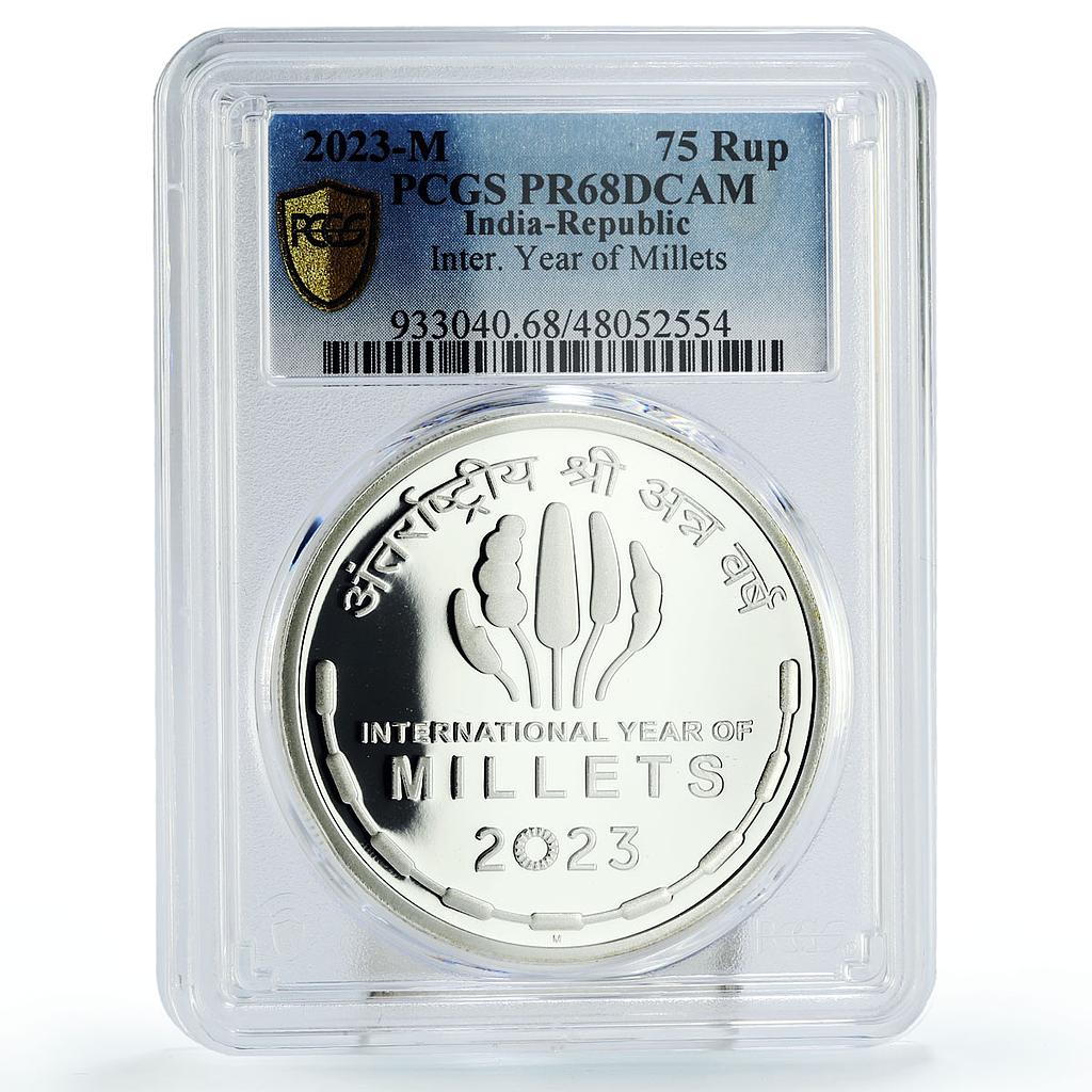India 75 rupees International Year of Millets PR68 PCGS silver coin 2023