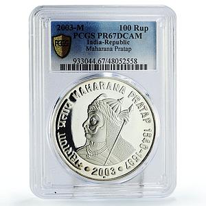 India 100 rupees King Maharana Pratap Politics PR67 PCGS silver coin 2003