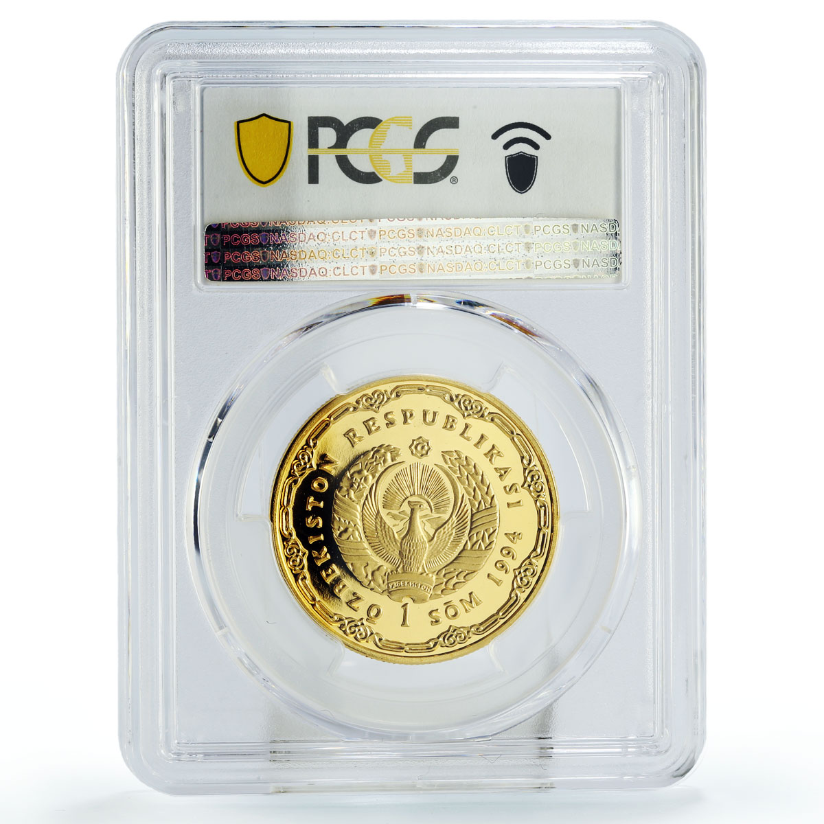 Uzbekistan 1 som Muhammad Taragay Ulugbek PR69 PCGS Probe gilded brass coin 1994
