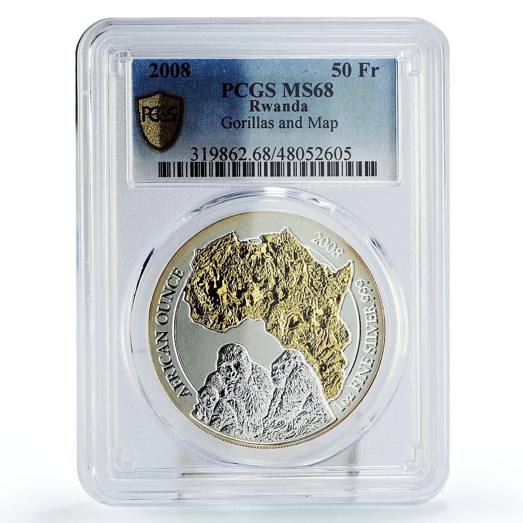 Rwanda 50 francs African Ounce Wildlife Gorillas Fauna MS68 PCGS Ag coin 2008