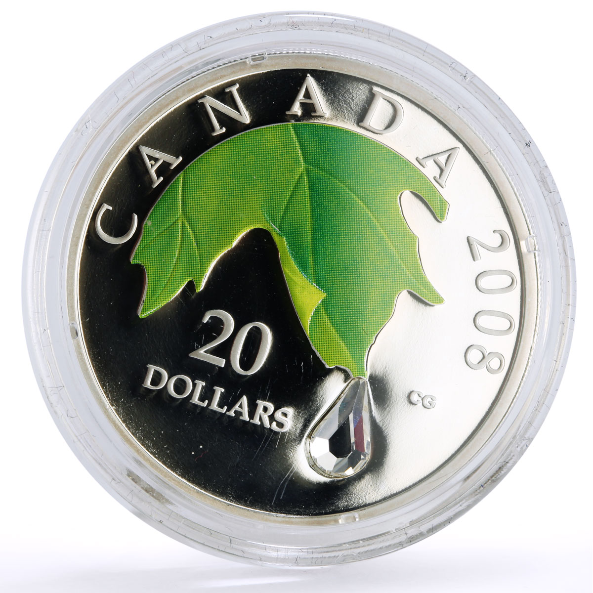 Canada 20 dollars Crystal Raindrop Maple Leaf colored proof silver coin 2008