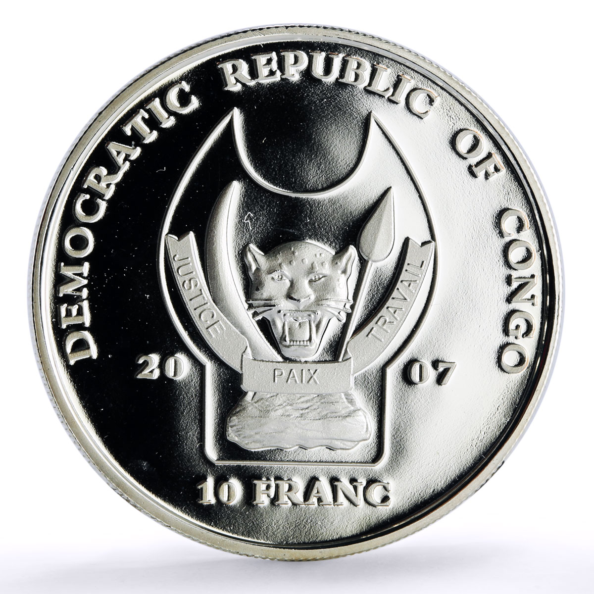 Congo 10 francs Conservation Wildlife Lion Tiger Fauna proof silver coin 2007