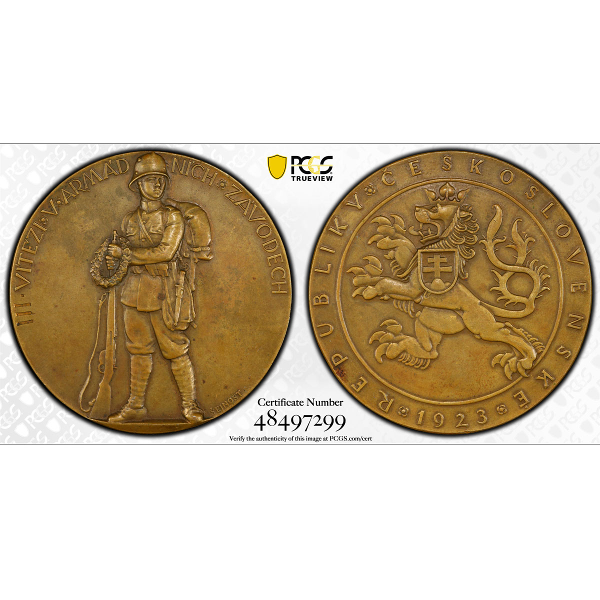 Czechoslovakia Republican Army Races Armed Soldier SP62 PCGS bronze medal 1923