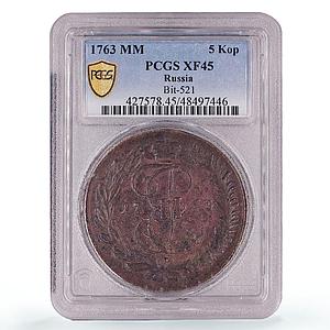 Russia Empire 5 kopecks Ekaterina II Coinage Bit-521 XF45 PCGS copper coin 1763