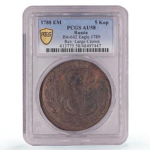 Russia Empire 5 kopecks Ekaterina II Large Crown Bit-642 AU58 PCGS Cu coin 1788