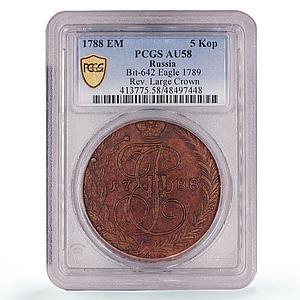 Russia Empire 5 kopecks Ekaterina II Large Crown Bit-642 AU58 PCGS Cu coin 1788