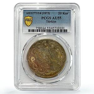 Turkey 20 kurush Sultan Abdulaziz Coinage KM-693 AU55 PCGS silver coin 1873