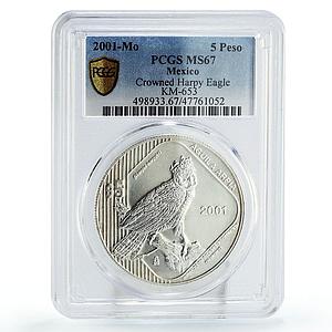 Mexico 5 pesos Conservation Wildlife Eagle Bird Fauna MS67 PCGS silver coin 2001