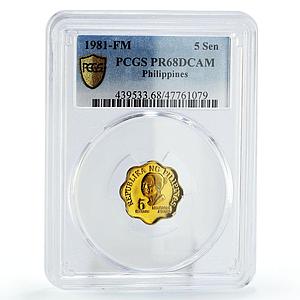 Philippines 5 sentimos Melchora Aquino Politics KM-225 PR68 PCGS brass coin 1981