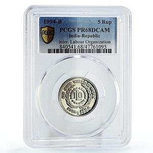 India 5 rupees International Labour Organisation ILO PR68 PCGS CuNi coin 1994