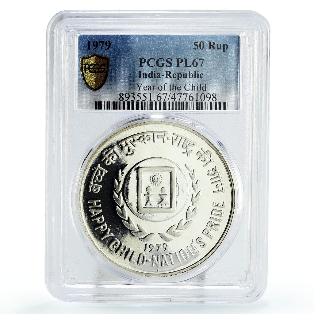 India 50 rupees UNESCO Save the Children Child Year PL67 PCGS silver coin 1979