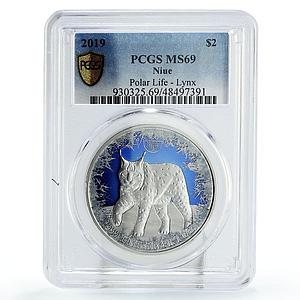 Niue 2 dollars Conservation Wildlife Lynx Polar Fauna MS69 PCGS silver coin 2019