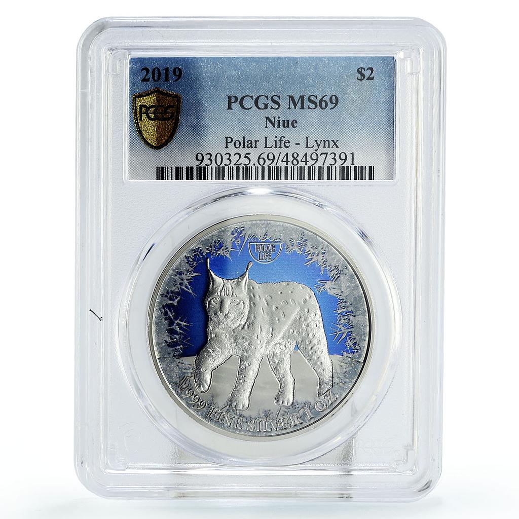 Niue 2 dollars Conservation Wildlife Lynx Polar Fauna MS69 PCGS silver coin 2019