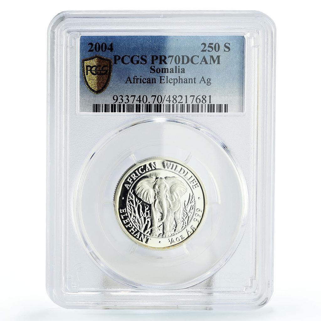 Somalia 250 shillings African Wildlife Elephant Fauna PR70 PCGS silver coin 2004