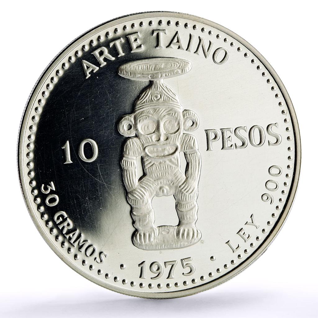 Dominican Republic 10 pesos Pueblo Viejo Mine Taino Sculpture Art Ag coin 1975