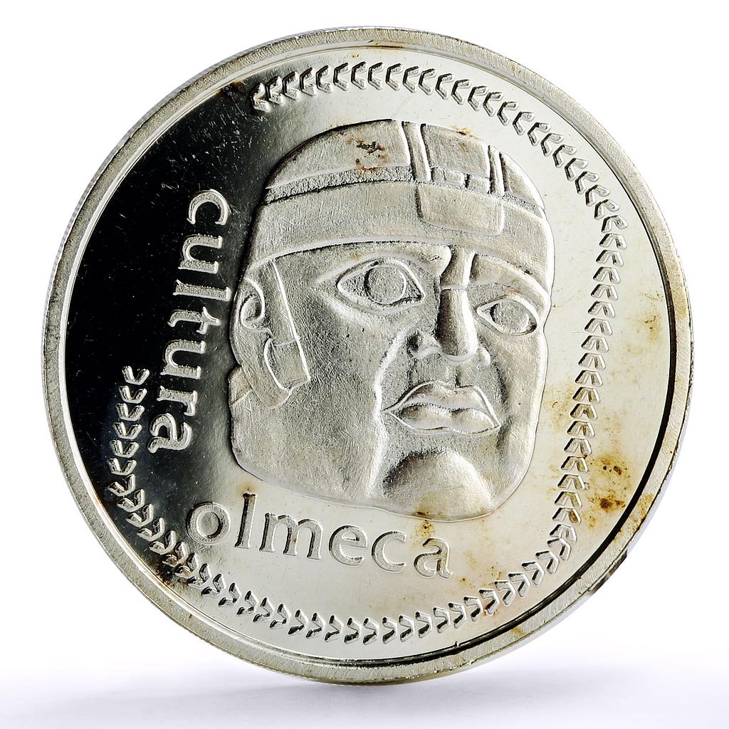 Mexico 1 onza Precolombina Olmeca Stone Head Facing proof silver coin 1984