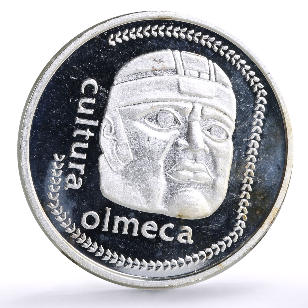 Mexico 1 onza Precolombina Olmeca Stone Head Facing proof silver coin 1984