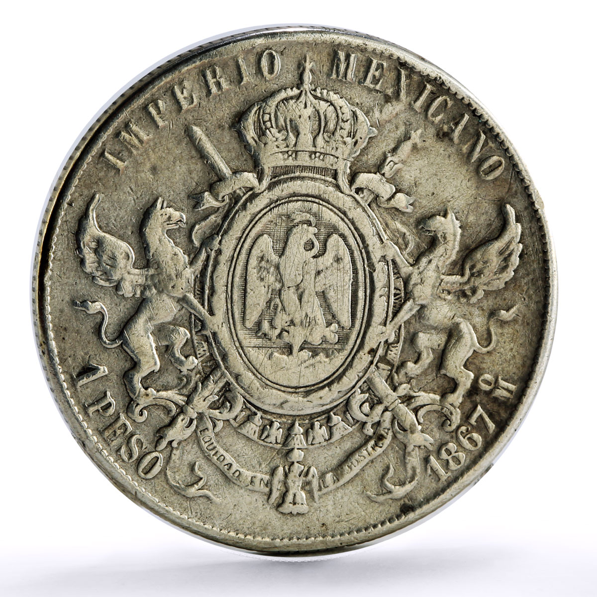 Mexico 1 peso Emperor Maximilian Maximiliano I Coinage KM-388.1 silver coin 1867