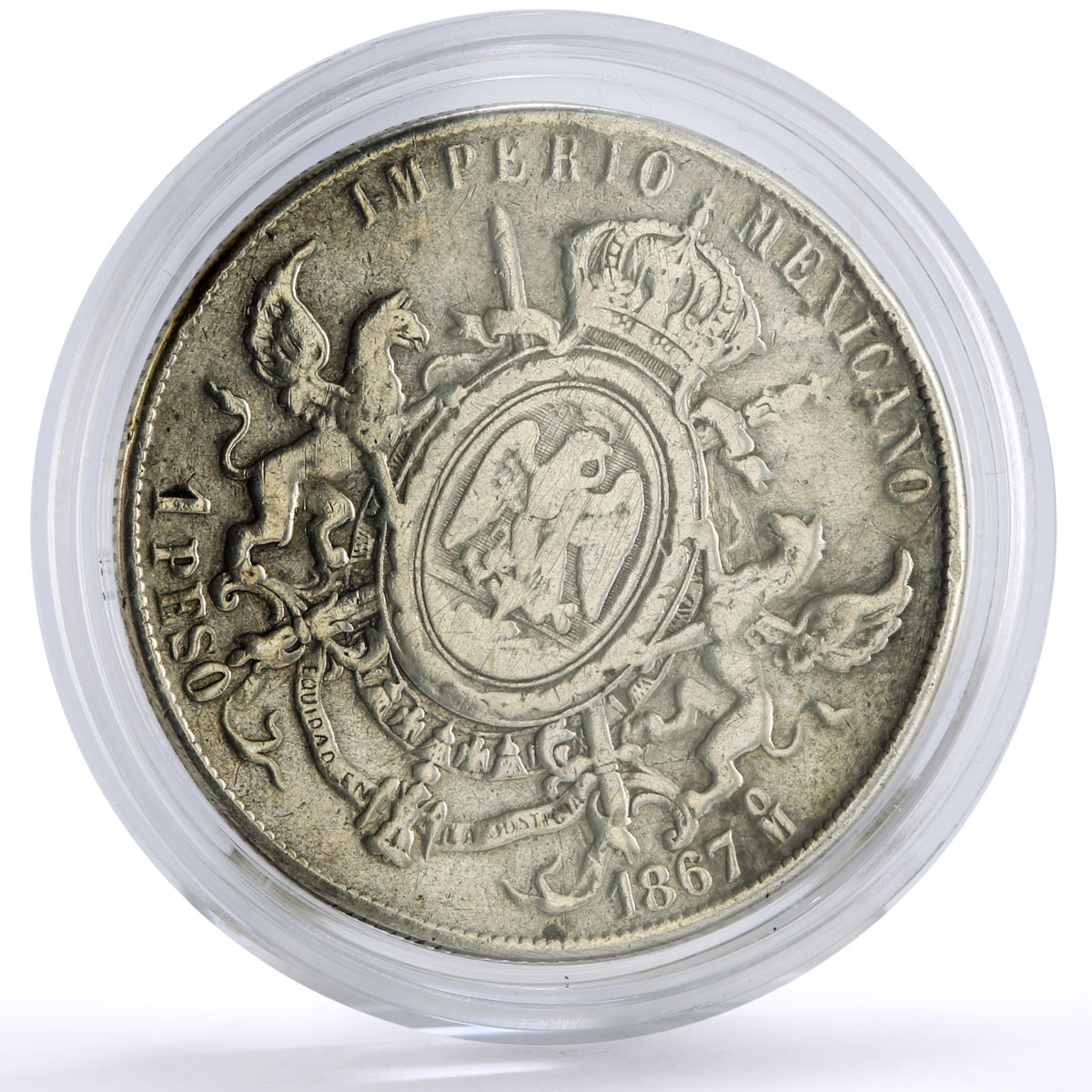 Mexico 1 peso Emperor Maximilian Maximiliano I Coinage KM-388.1 silver coin 1867