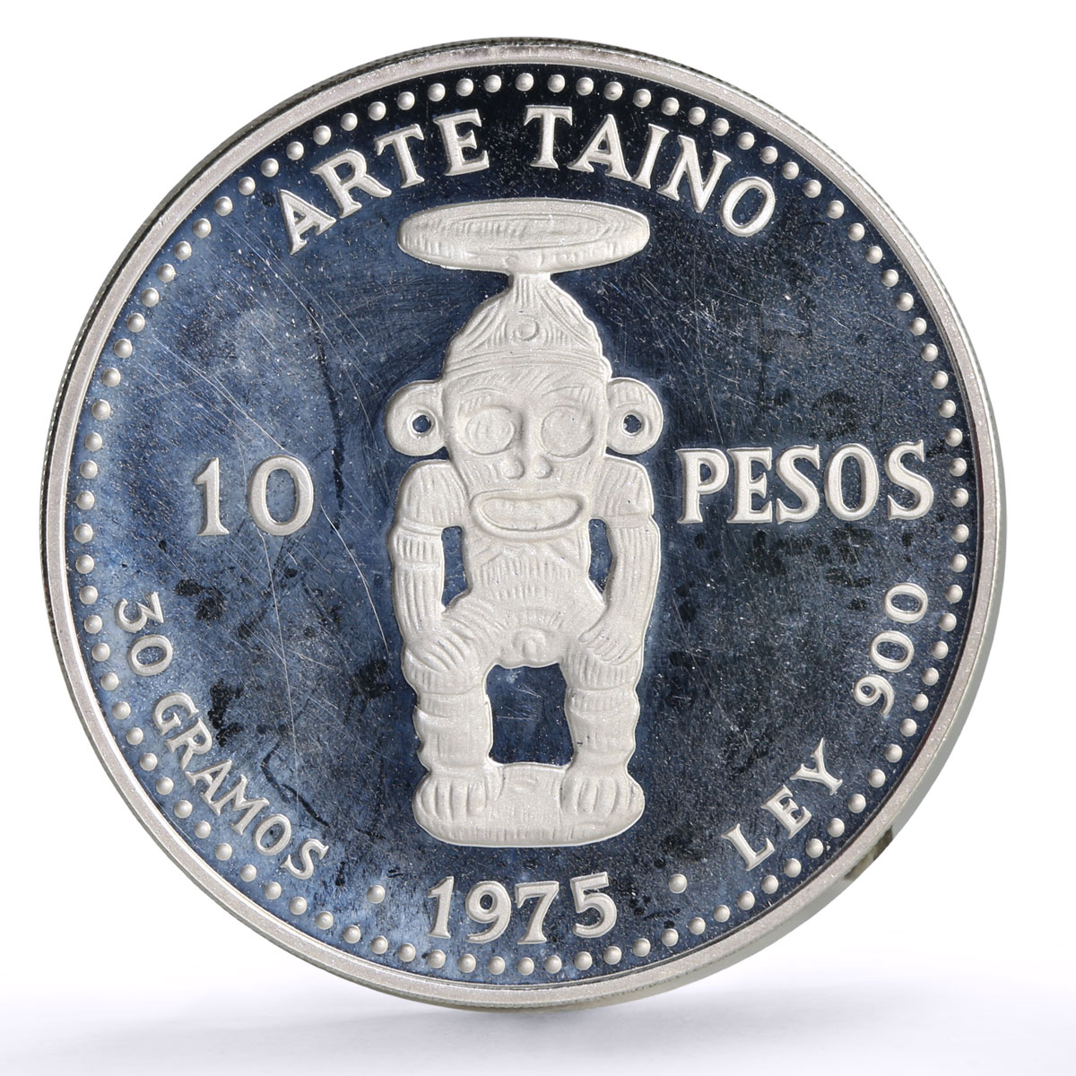 Dominican Republic 10 pesos Pueblo Viejo Mine Taino Sculpture Art Ag coin 1975