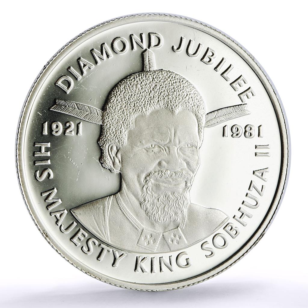 Swaziland 2 emalangeni King Sobhuza II Diamond Jubilee Politics silver coin 1981