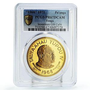 Tonga 1 paanga Investiture King Tupou IV Politics PR67 PCGS Gilt CuNi coin 1968