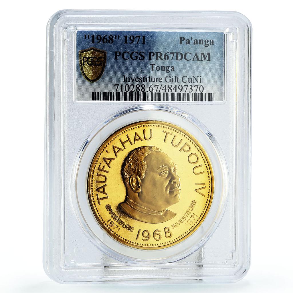 Tonga 1 paanga Investiture King Tupou IV Politics PR67 PCGS Gilt CuNi coin 1968