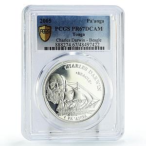 Tonga 1 paanga Seafaring Charles Darwin Beagle Ship PR67 PCGS silver coin 2005