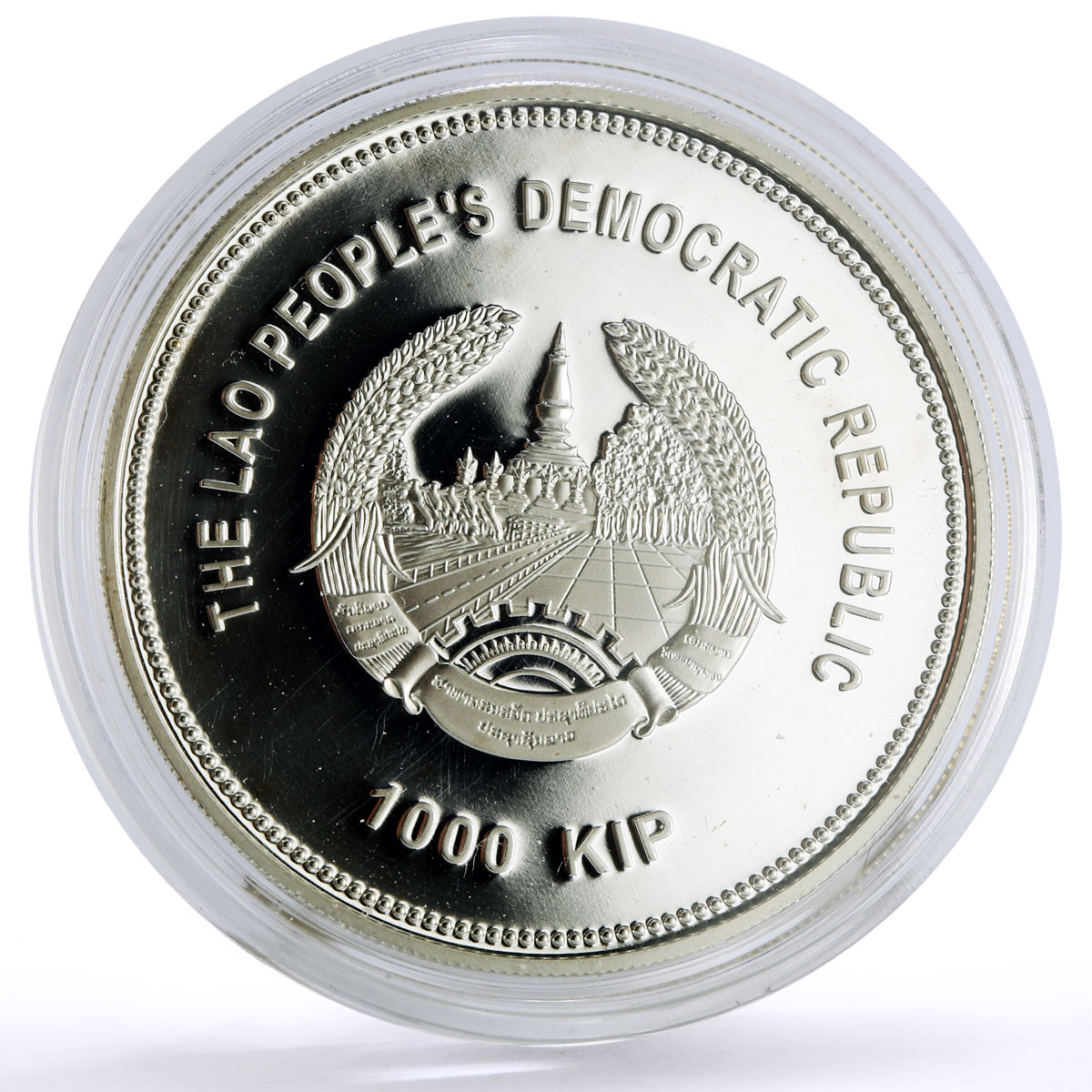 Laos 1000 kip Lunar Calendar Year of the Dragon colored proof silver coin 2012