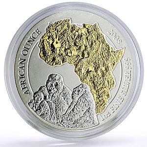 Rwanda 50 francs African Ounce Wildlife Gorillas Fauna gilded silver coin 2008