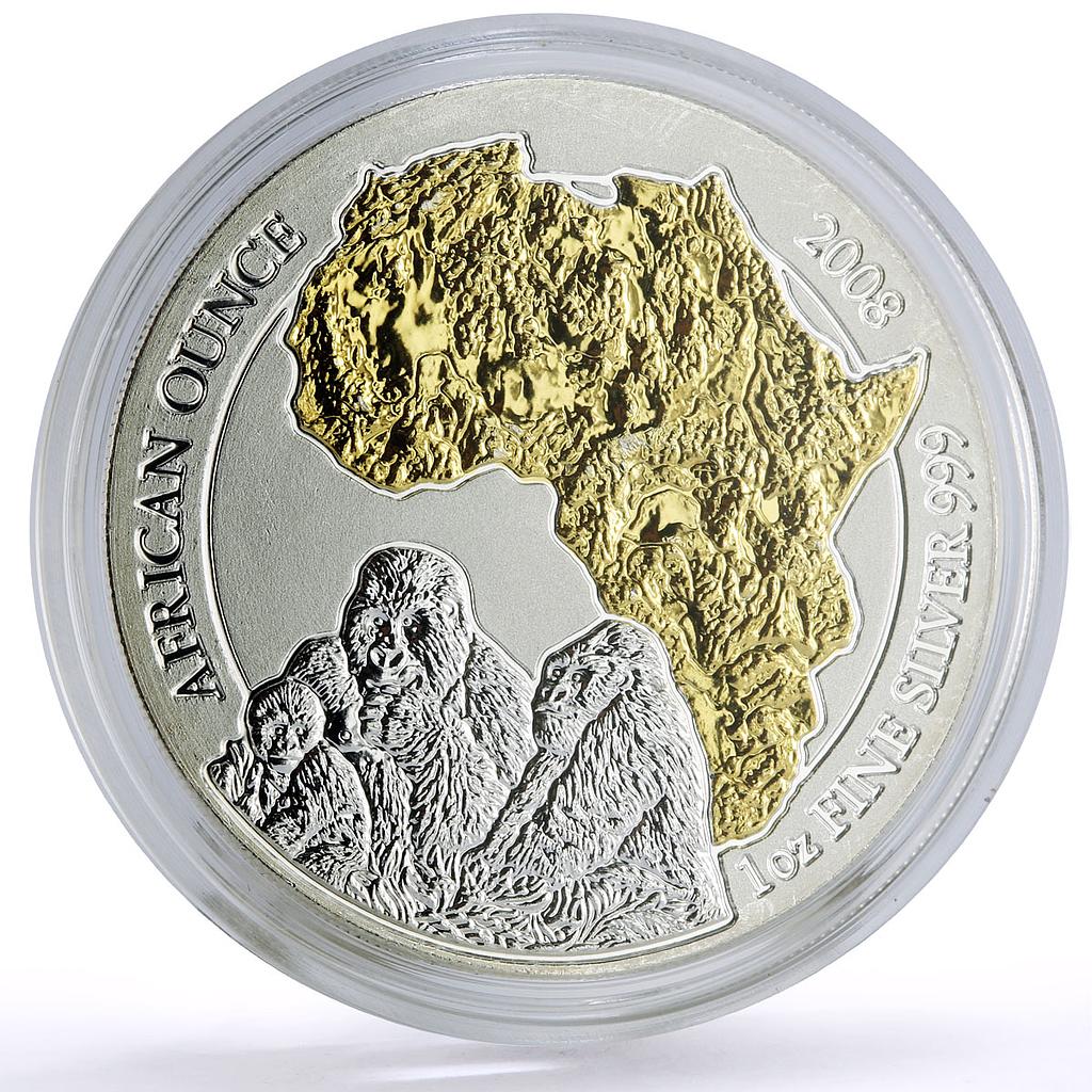 Rwanda 50 francs African Ounce Wildlife Gorillas Fauna gilded silver coin 2008