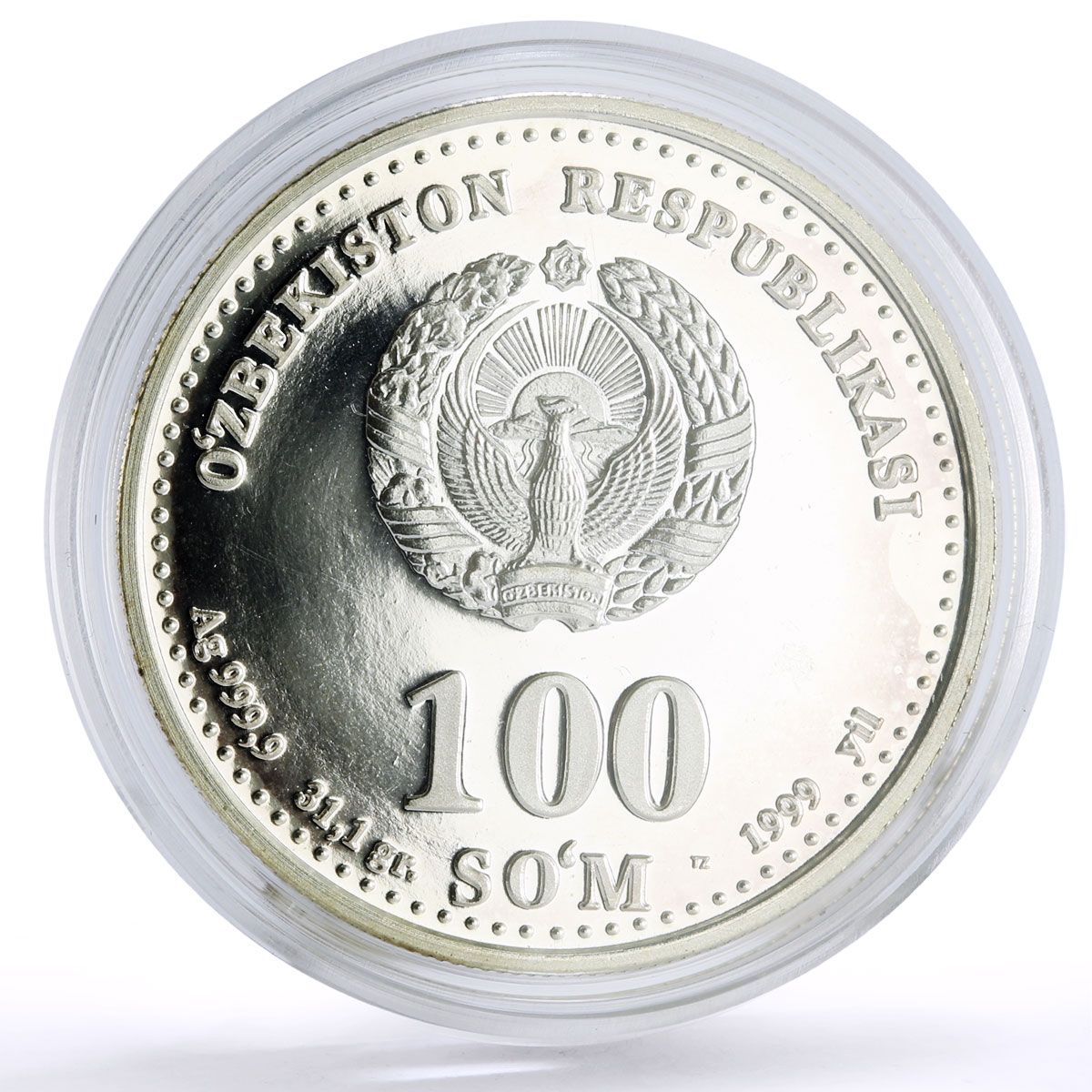 Uzbekistan 100 som Great Ancestors Scientist Al Biruni proof silver coin 1999