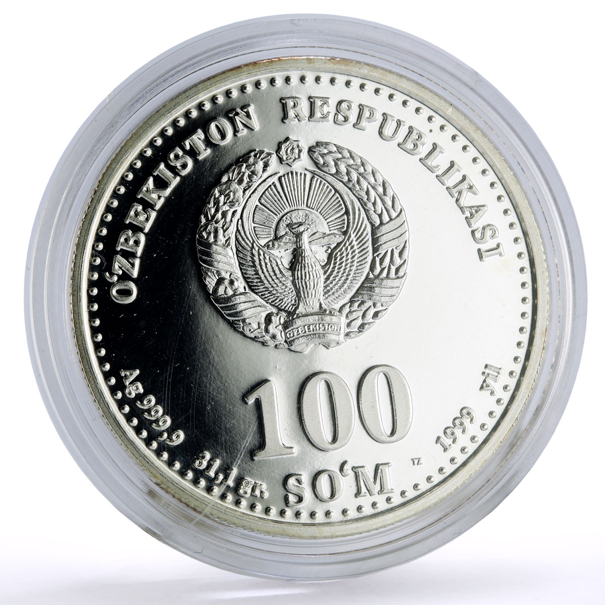Uzbekistan 100 som Great Ancestors Scientist Al Farghani proof silver coin 1999