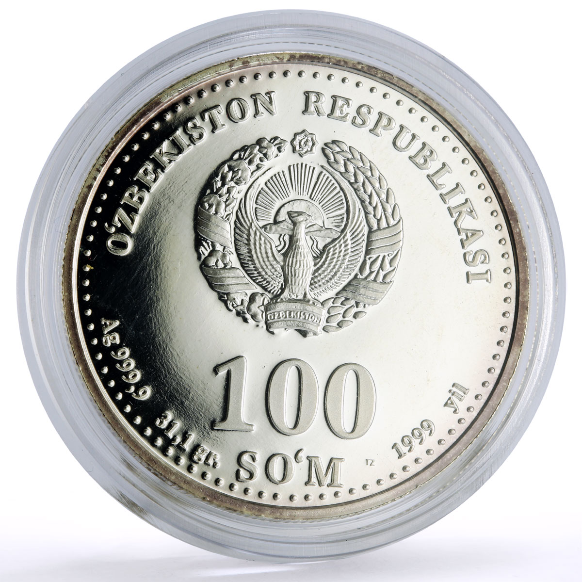 Uzbekistan 100 som Great Ancestors Sultan Bobur proof silver coin 1999